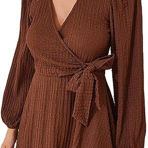 Summer dress Wrap Boho with Deep V-Neck long sleeve sz 12 Brown